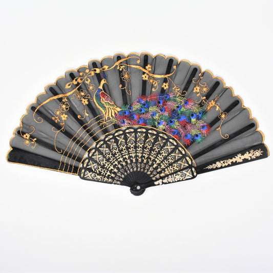 Hand Fan, Oriental Style, Embroidered Blue Crest Peacock, Cut-Work, China