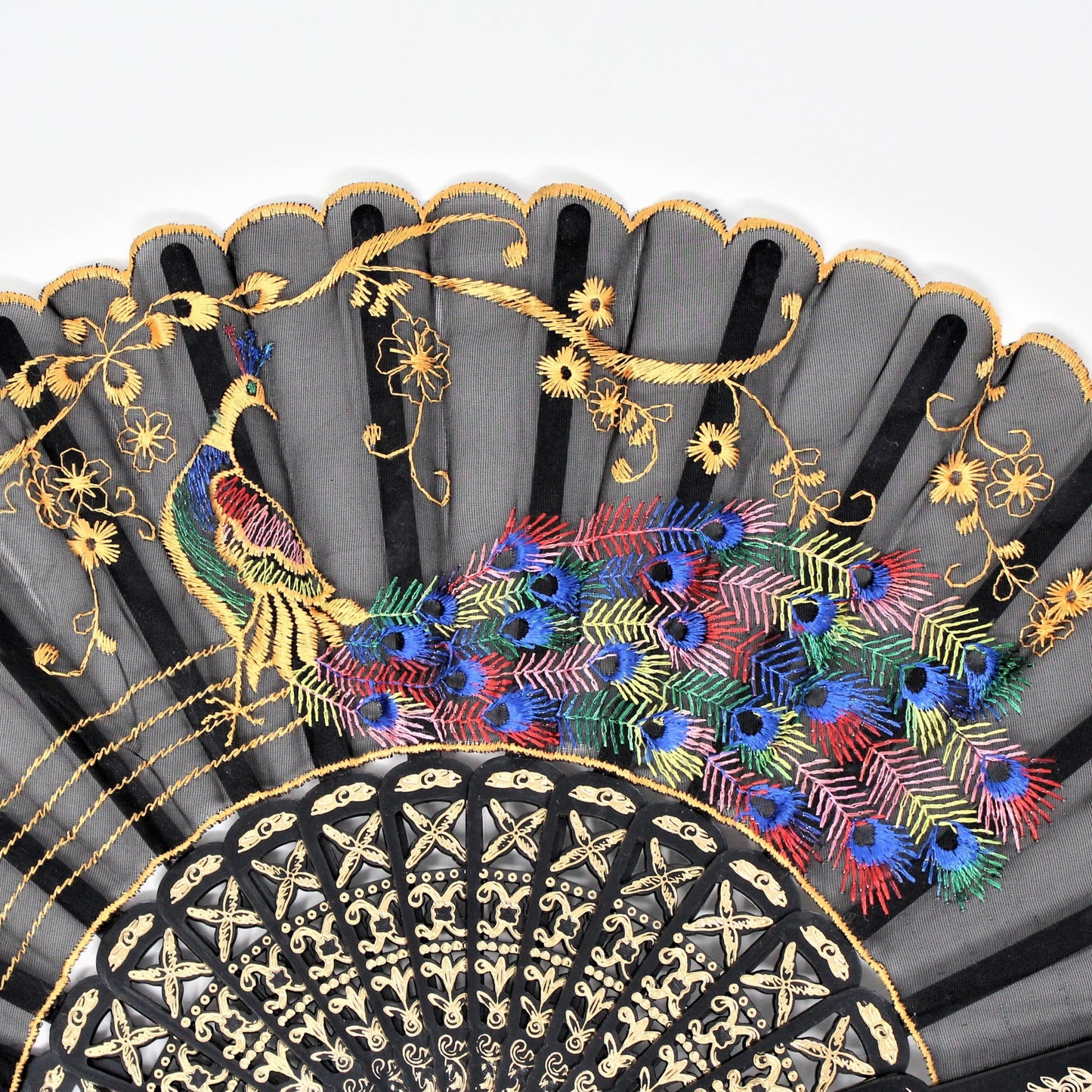 Hand Fan, Oriental Style, Embroidered Blue Crest Peacock, Cut-Work, China