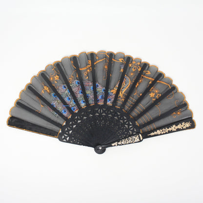 Hand Fan, Oriental Style, Embroidered Blue Crest Peacock, Cut-Work, China