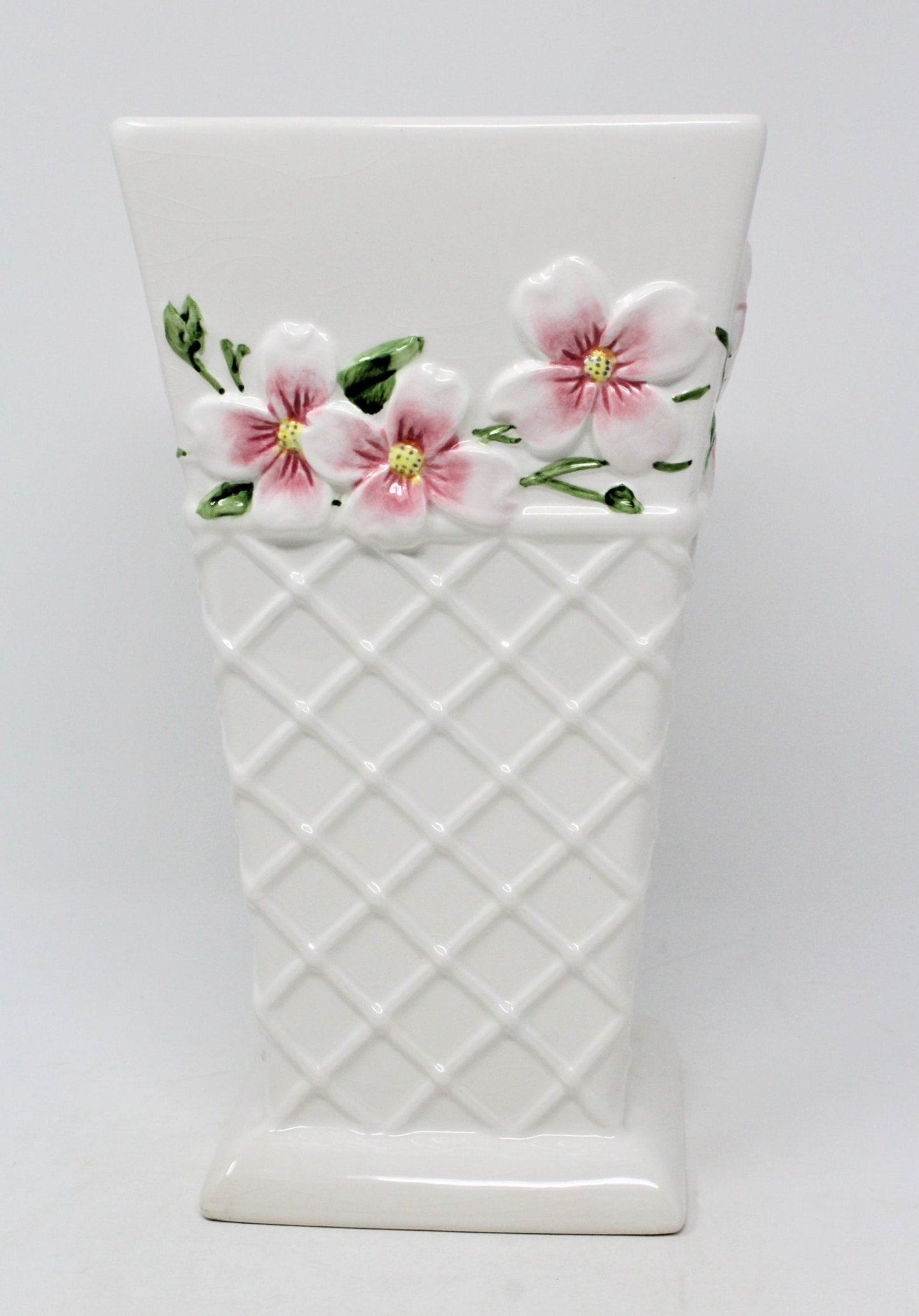Vase, FTD, Trellis with Pink Apple Blossoms, Ceramic