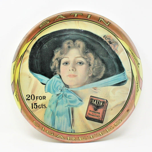 Tray, Satin Turkish Cigarettes, Tin / Metal Vintage Advertisement, 14"