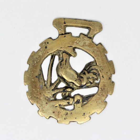 Horse Brass Bridle Harness Medallion, Rooster Sunrise, Antique