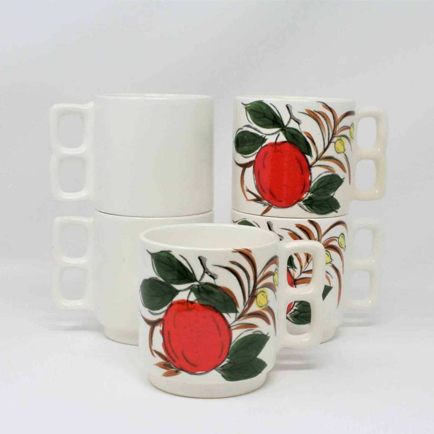 Mugs, Stackable Two Finger, Apple Design, Set of 5, Ceramic, Vintage