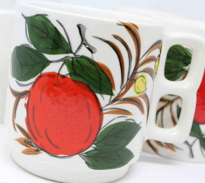 Mugs, Stackable Two Finger, Apple Design, Set of 5, Ceramic, Vintage