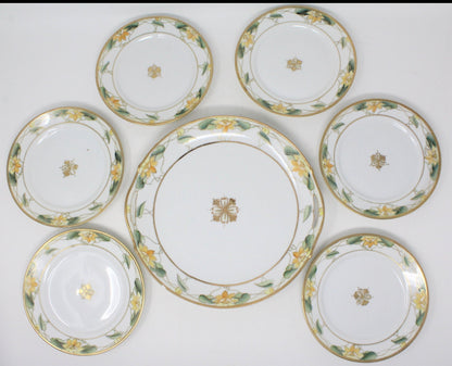 Cake Plate Set, Nippon, Lotus Flowers, Hand Painted Moriage, Antique, 7 Pcs.