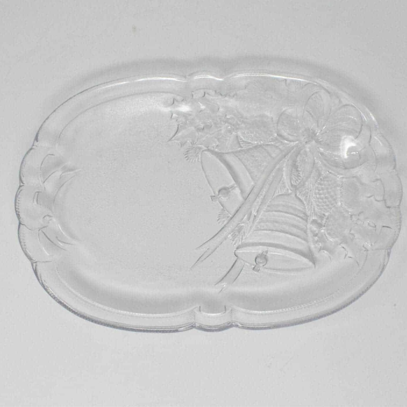 Platter, Mikasa, Holiday Bells, Embossed Glass, Oval, Vintage