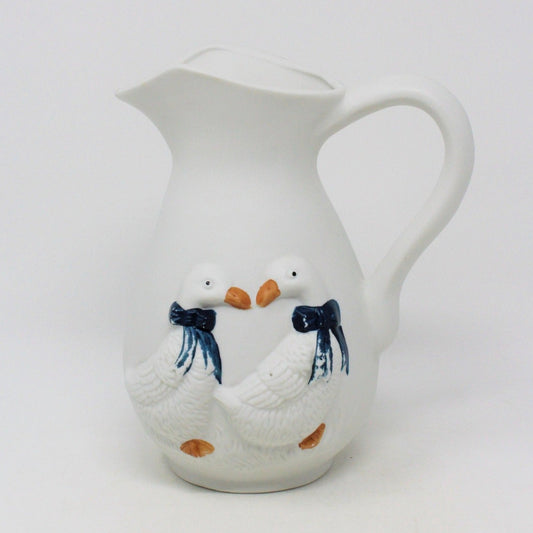 Pitcher, Blue Bow Geese, Ceramic, Vintage, SOLD