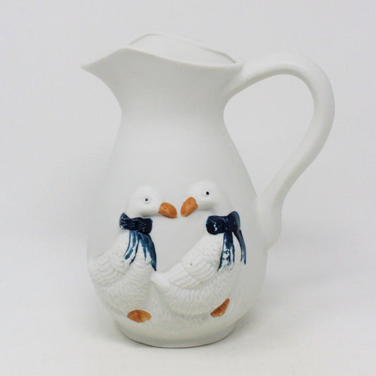 Pitcher, Blue Bow Geese, Ceramic, Vintage