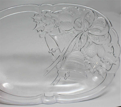 Platter, Mikasa, Holiday Bells, Embossed Glass, Oval, Vintage