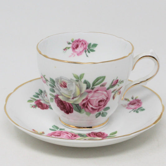 Teacup and Saucer, Regency, Roses, Pink, Red & White, Bone China, Vintage