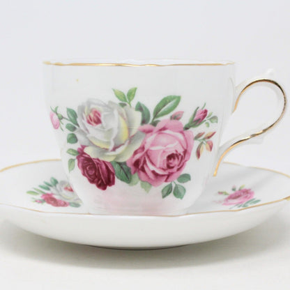 Teacup and Saucer, Regency, Roses, Pink, Red & White, Bone China, Vintage