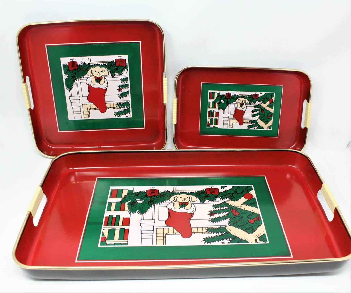 Tray Set, Christmas Velveteen Rabbit 3 Pcs , Lacquerware, Vintage Japan