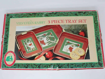 Tray Set, Christmas Velveteen Rabbit 3 Pcs , Lacquerware, Vintage Japan