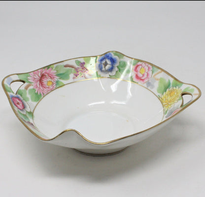 Bowl, Nippon Hand Painted Floral, Double Handled, Japan, Antique