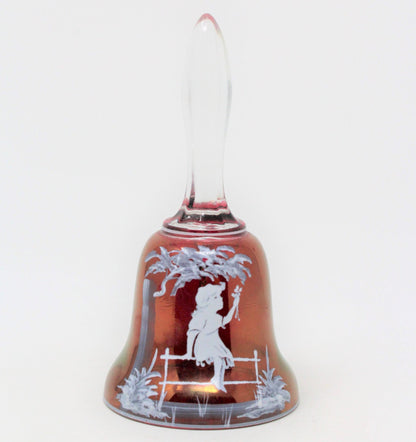 Westmoreland Cranberry Glass Bell, Girl on Fence. Mary Gregory Style.