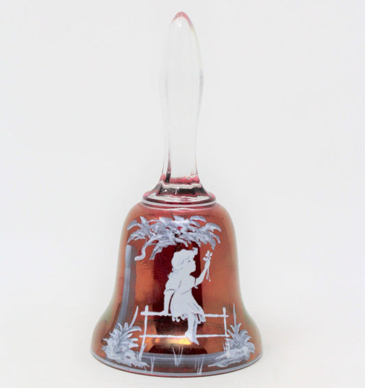 Westmoreland Cranberry Glass Bell, Girl on Fence. Mary Gregory Style.