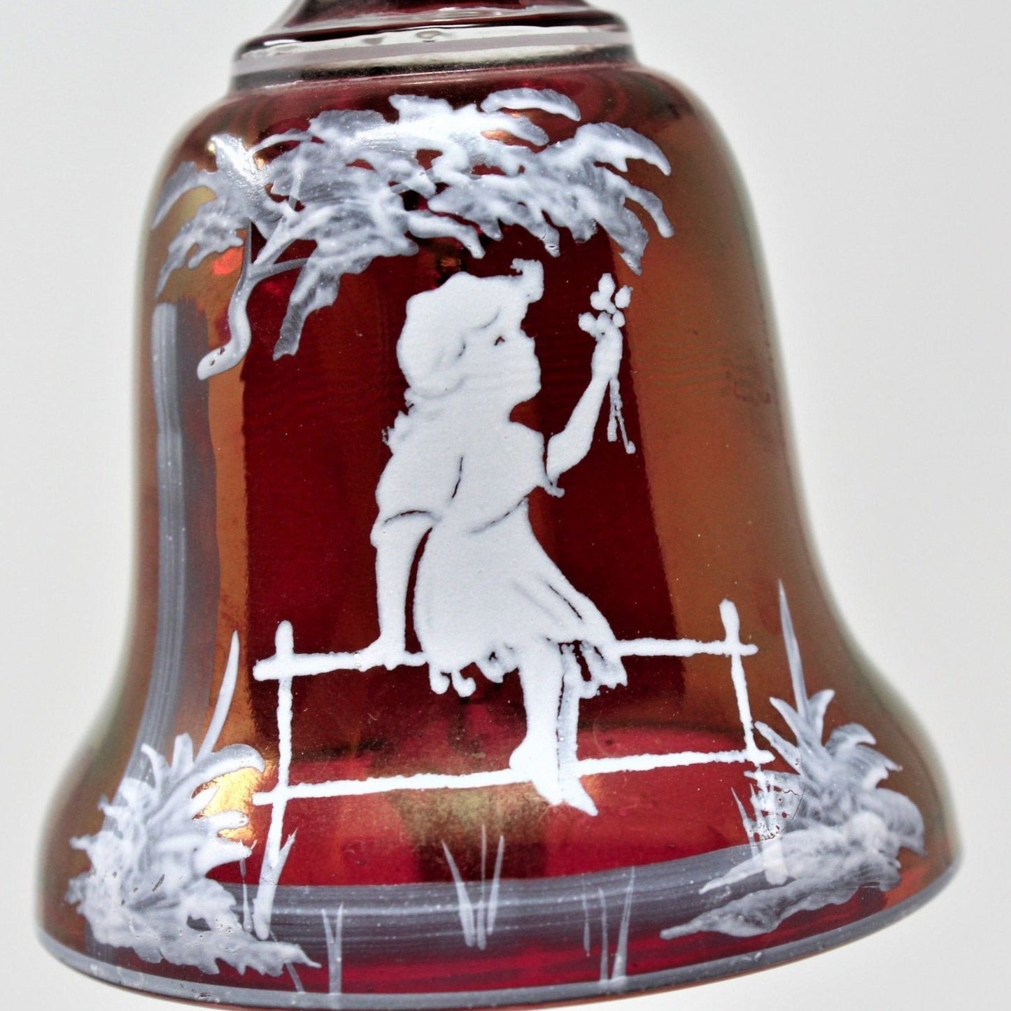 Bell, Westmoreland, Girl on Fence, Cranberry Glass, Vintage