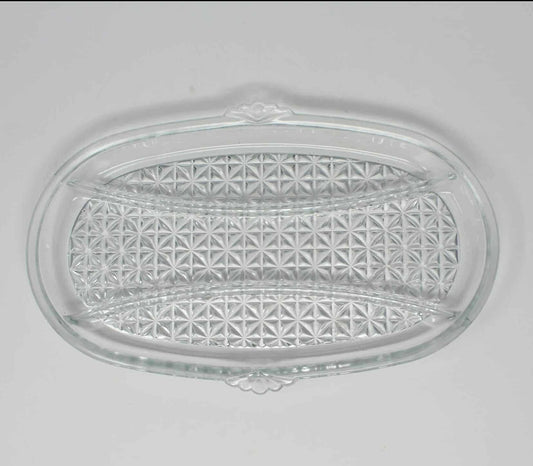 vintage oval glass tray, divided 3 sections