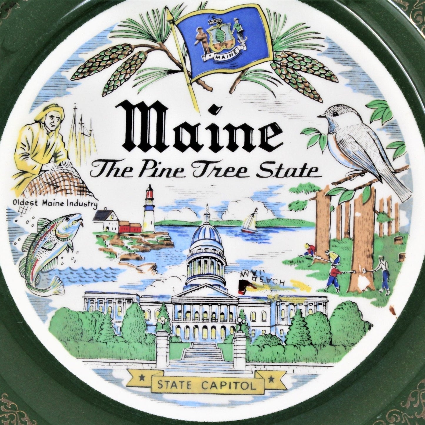 Decorative Plate, Souvenir State Collectors Plate, Maine, Homer Laughlin, Vintage 1953