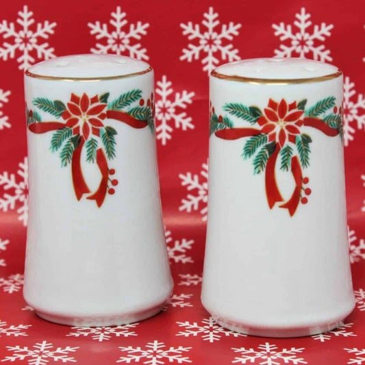 Salt and Pepper Shakers, Fairfield, Poinsettia and Ribbons, Vintage