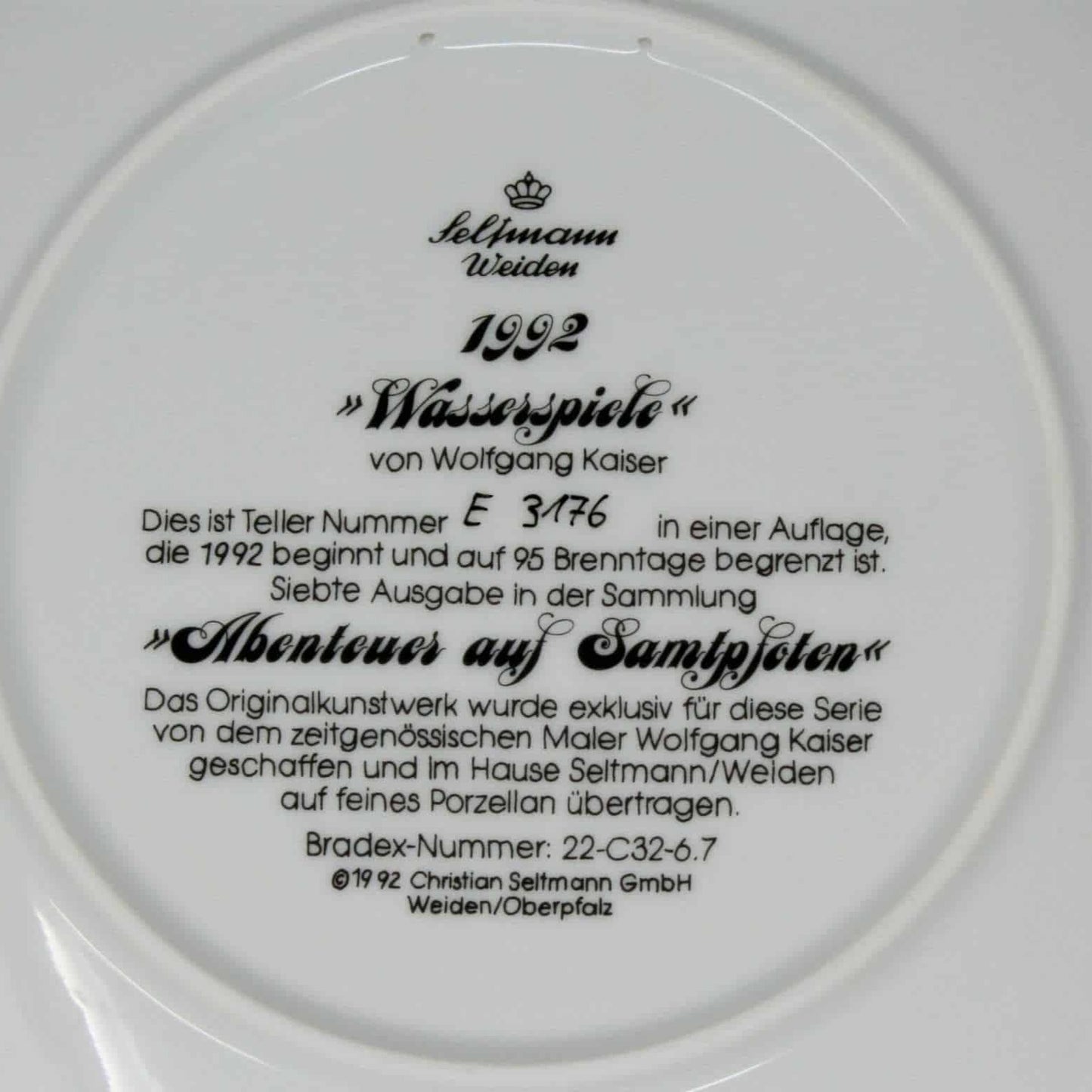 Decorative Plate, Wolfgang Kaiser, Wasserspiele, (Waterworks), Vintage