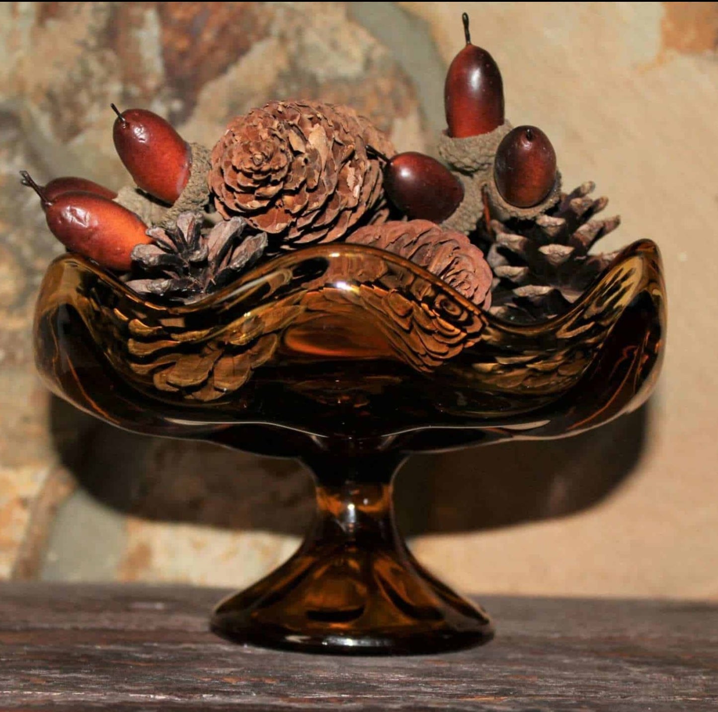 Compote, Viking Epic 6 Petal, Amber Glass, Vintage