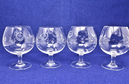 Brandy Sniffers, Sasaki, Cut Glass Rose, Blown Glass Set of 4, Vintage