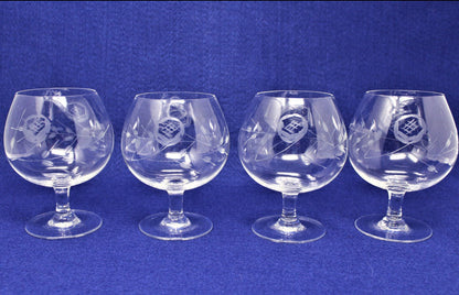 Brandy Sniffers, Sasaki, Cut Glass Rose, Blown Glass Set of 4, Vintage