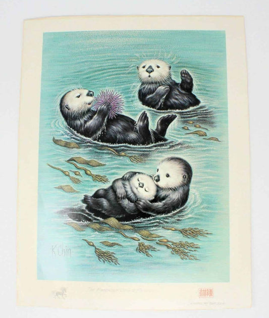 Print, K. Chin Artist Signed, The Friendly Otter Family, Vintage, 1970's