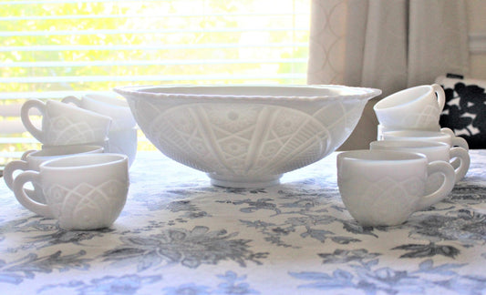 Punch Bowl Set: McKee / Thatcher, Concord, Milk Glass, 12 Pieces, Jeannette PA USA, Vintage 1950s - SOLD