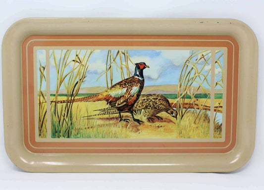Vintage Mid Century Metal Tray with Pheasants, 18 inches