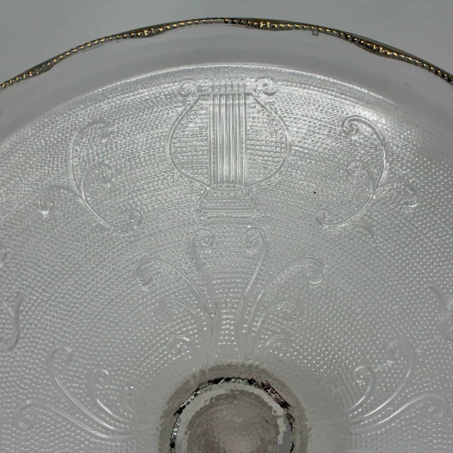 Cake Stand, Jeannette Glass, Harp, Pedestal Stand Scalloped, Vintage