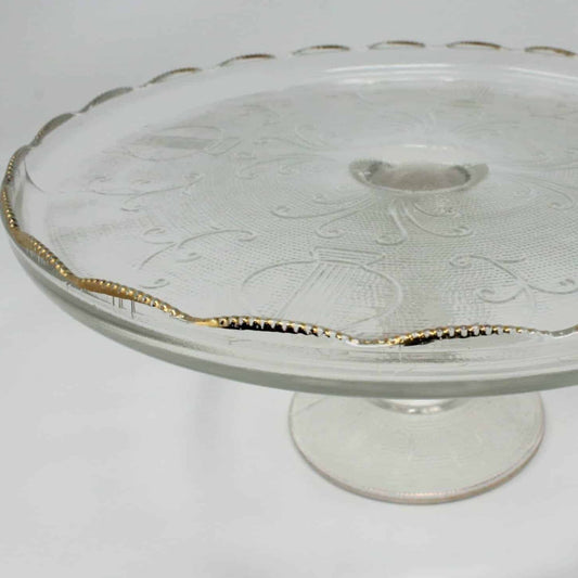 Cake Stand, Jeannette Glass, Harp, Pedestal Stand Scalloped, Vintage