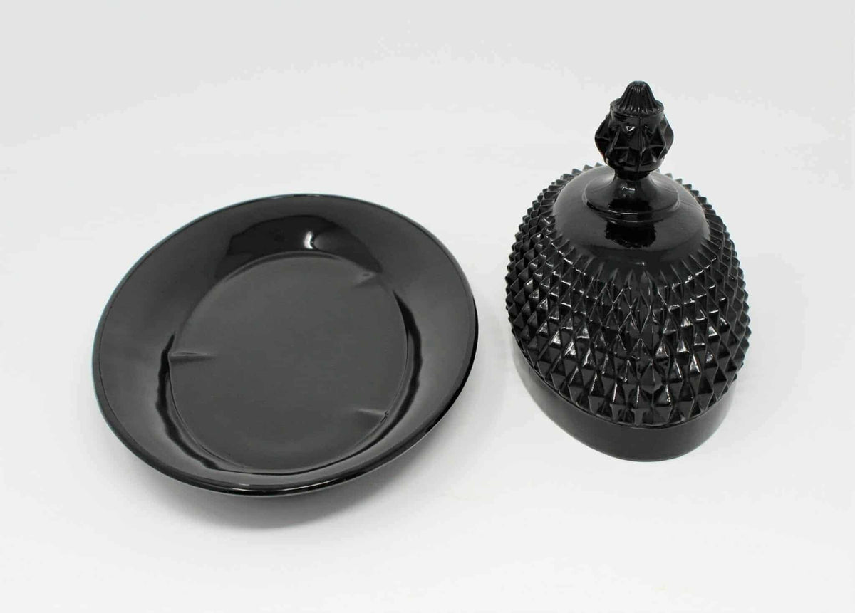 Butter Dish: Indiana Glass for Tiara Exclusives, Cameo Black (Diamond Point), Covered Pressed Glass, USA, Vintage 1977 - SOLD