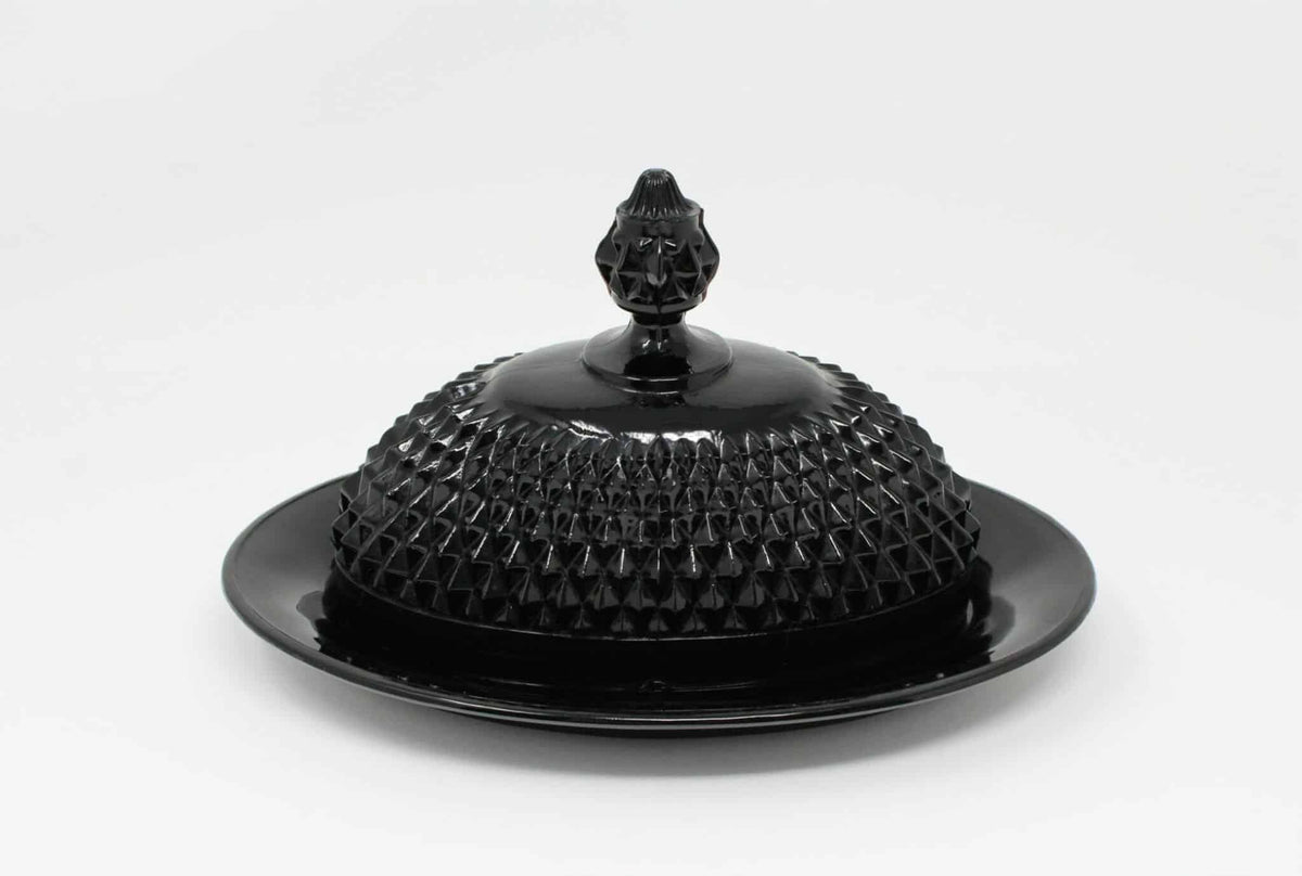 Butter Dish: Indiana Glass for Tiara Exclusives, Cameo Black (Diamond Point), Covered Pressed Glass, USA, Vintage 1977 - SOLD