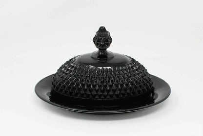 Butter Dish: Indiana Glass for Tiara Exclusives, Cameo Black (Diamond Point), Covered Pressed Glass, USA, Vintage 1977 - SOLD