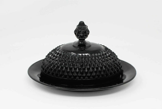 Butter Dish: Indiana Glass for Tiara Exclusives, Cameo Black (Diamond Point), Covered Pressed Glass, USA, Vintage 1977 - SOLD