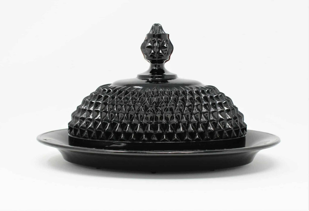 Butter Dish: Indiana Glass for Tiara Exclusives, Cameo Black (Diamond Point), Covered Pressed Glass, USA, Vintage 1977 - SOLD