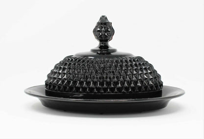 Butter Dish: Indiana Glass for Tiara Exclusives, Cameo Black (Diamond Point), Covered Pressed Glass, USA, Vintage 1977 - SOLD