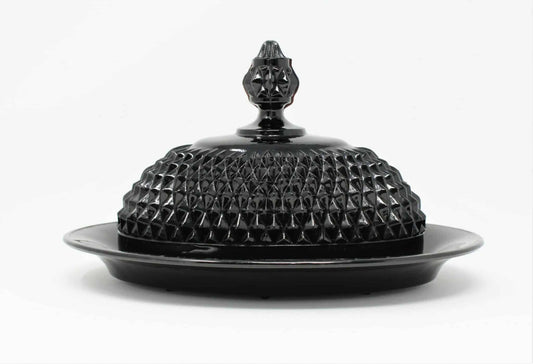Butter Dish: Indiana Glass for Tiara Exclusives, Cameo Black (Diamond Point), Covered Pressed Glass, USA, Vintage 1977 - SOLD