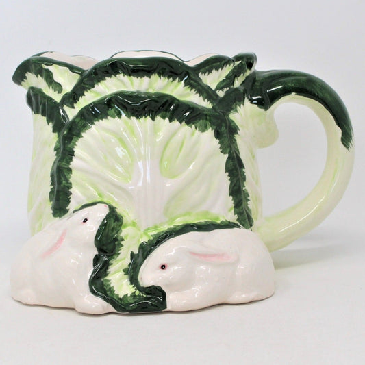 Pitcher, Cabbage w/ Bunny Rabbits, Hand Painted Ceramic