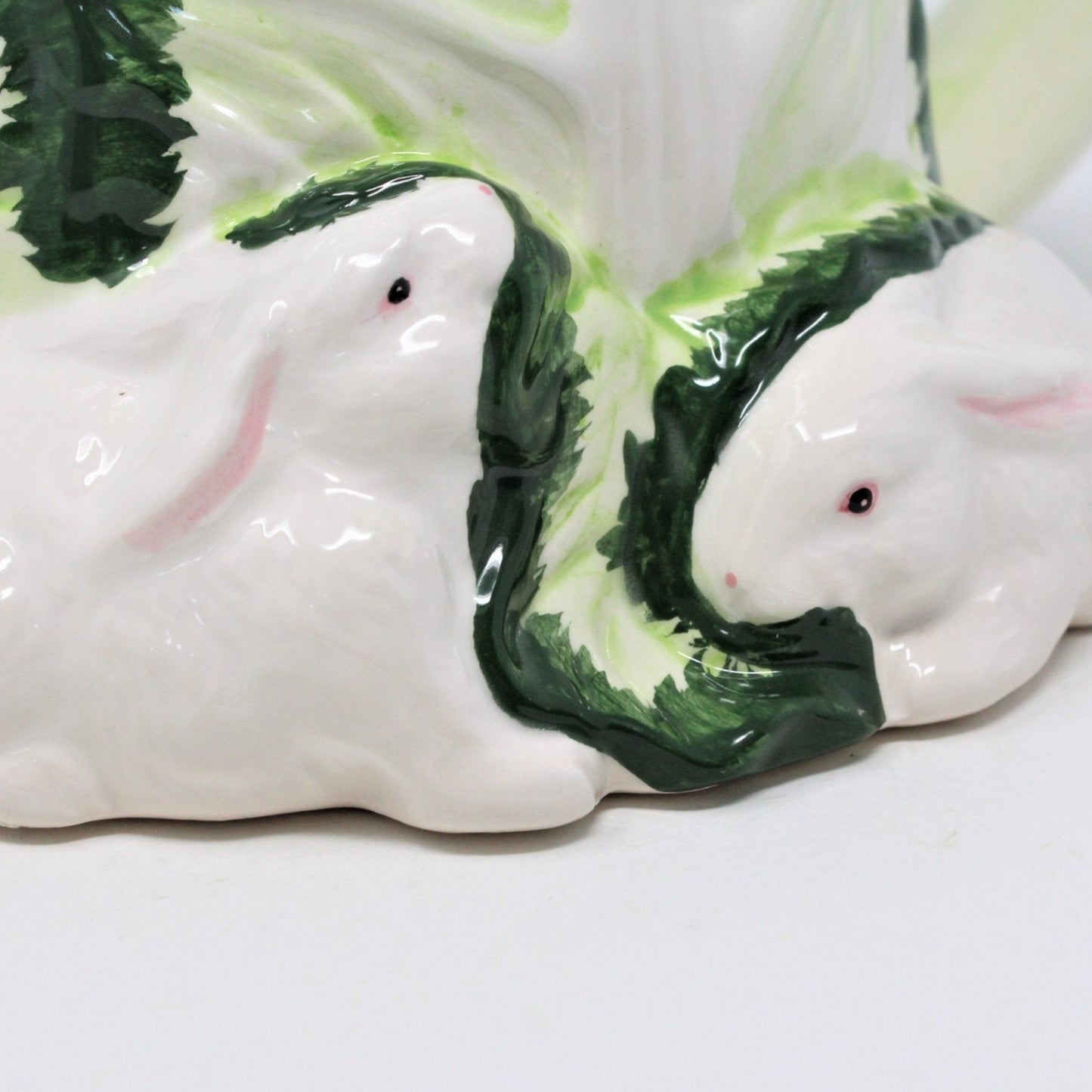 Pitcher, Cabbage w/ Bunny Rabbits, Hand Painted Ceramic