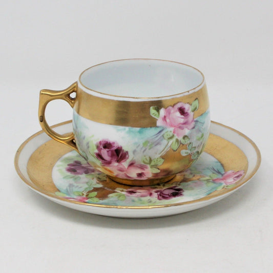 Teacup and Saucer, Pickard / Rosenthal Hand Painted, Heavy Gold, Pink Roses, Antique