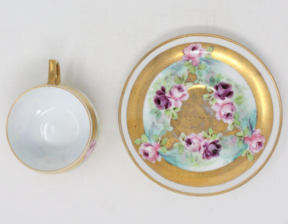 Teacup and Saucer, Pickard / Rosenthal Hand Painted, Heavy Gold, Pink Roses, Antique