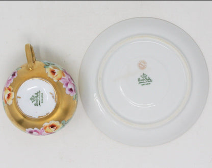 Teacup and Saucer, Pickard / Rosenthal Hand Painted, Heavy Gold, Pink Roses, Antique