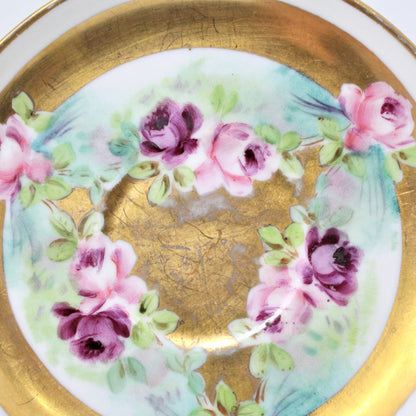 Teacup and Saucer, Pickard / Rosenthal Hand Painted, Heavy Gold, Pink Roses, Antique