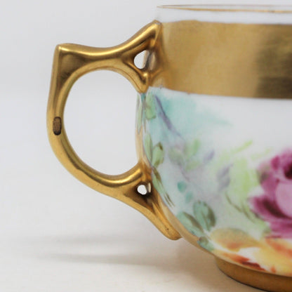 Teacup and Saucer, Pickard / Rosenthal Hand Painted, Heavy Gold, Pink Roses, Antique