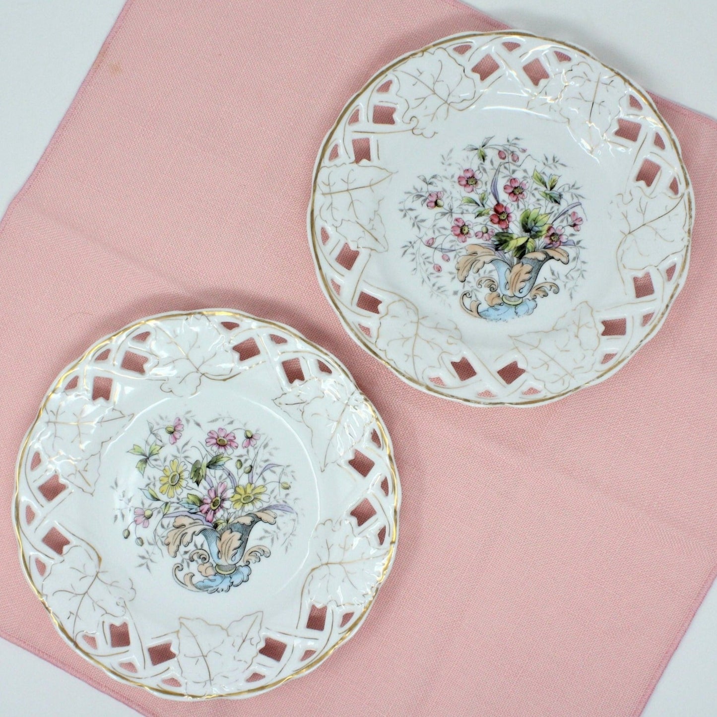 Decorative Plates, Old Paris, Hand Painted Florals, Reticulated, Set of 2, Antique