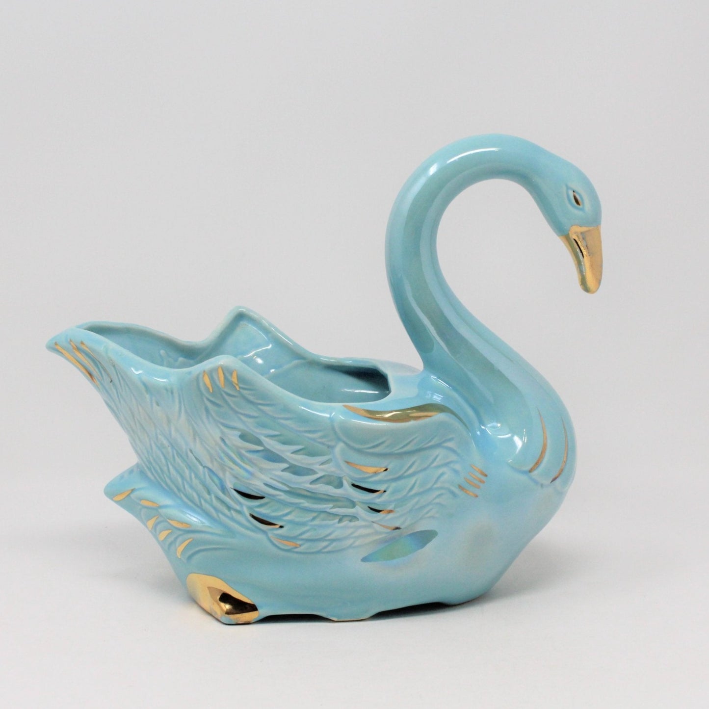 Planter / Vase, Swan, Blue Iridescent, Vintage Pottery