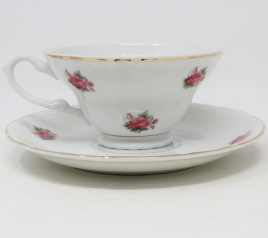 Teacup and Saucer, Pink Roses, Footed, Vintage Japan Imports